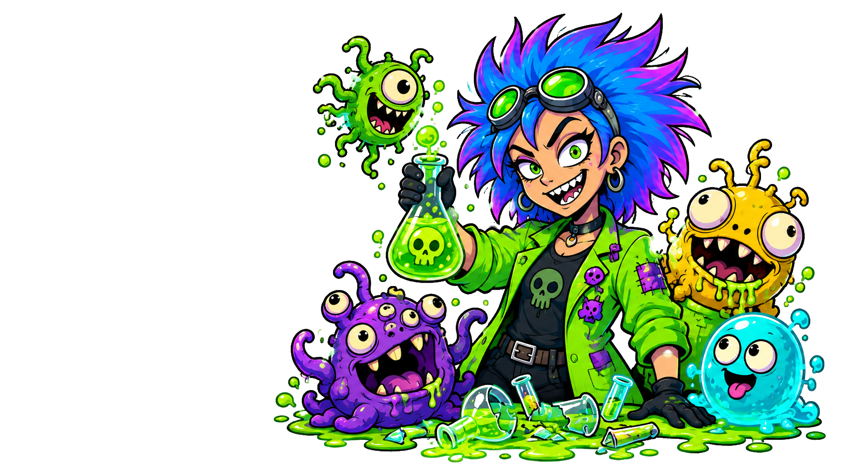 A punk female mad scientist with colorful, weird lab monsters